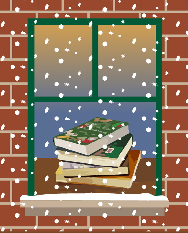 Snow in front of window showing books