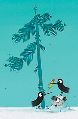 catalog art of pine tree, mole, and crows, one with a pencil