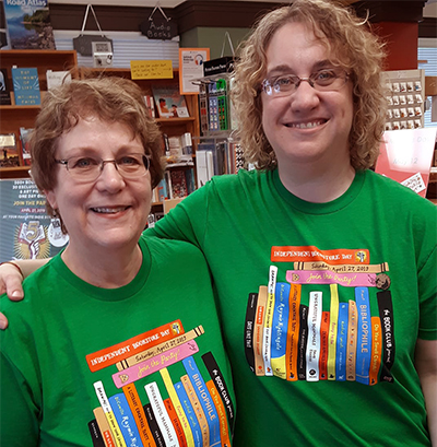 Sally and Jen in 2019 Independent Bookstore shirts